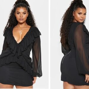 Black Chiffon Frill Detail Bodycon Dress